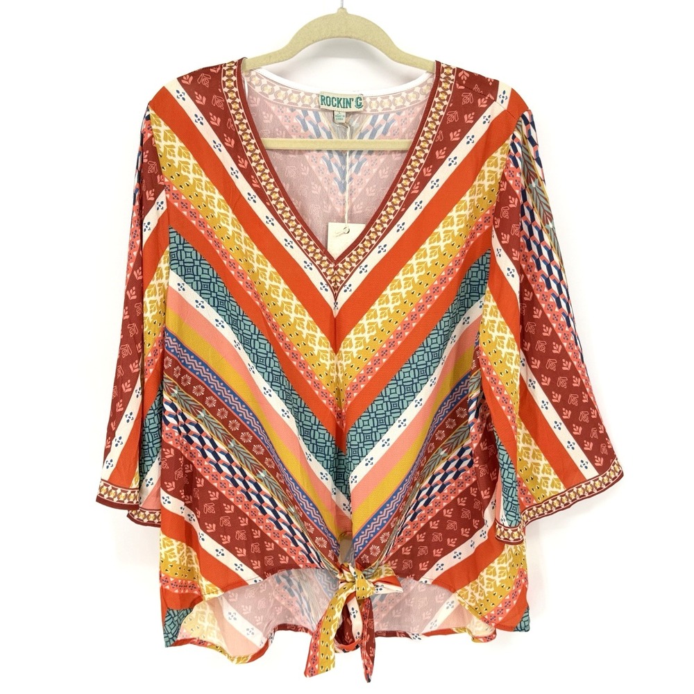 Rockin' C Womens L Boho Chevron Print Tie Front V-Neck Bell Sleeve‎ Blouse Top